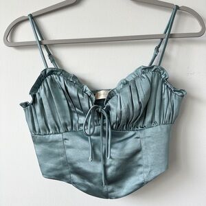 Altar’d State Satin Tie Corset Crop Sweetheart Ruffle Top Blue Small